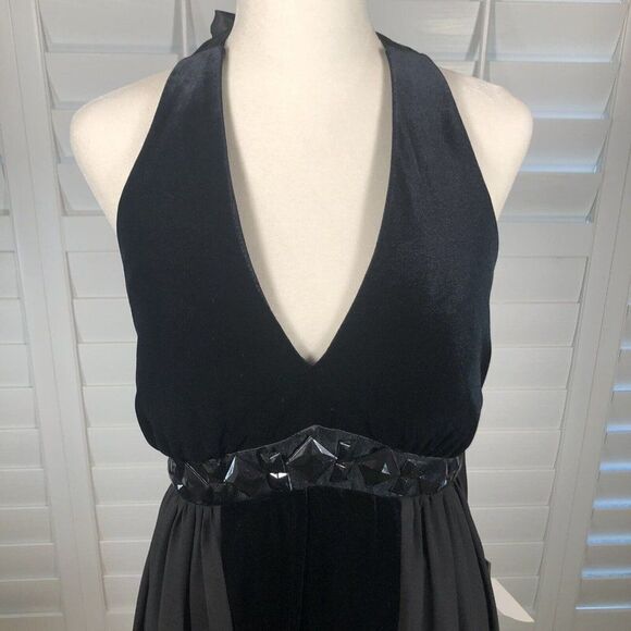 New Signature by Robbie Bee Cocktail Dress 8 Black Halter Velvet Satin Chiffon - Picture 2 of 12